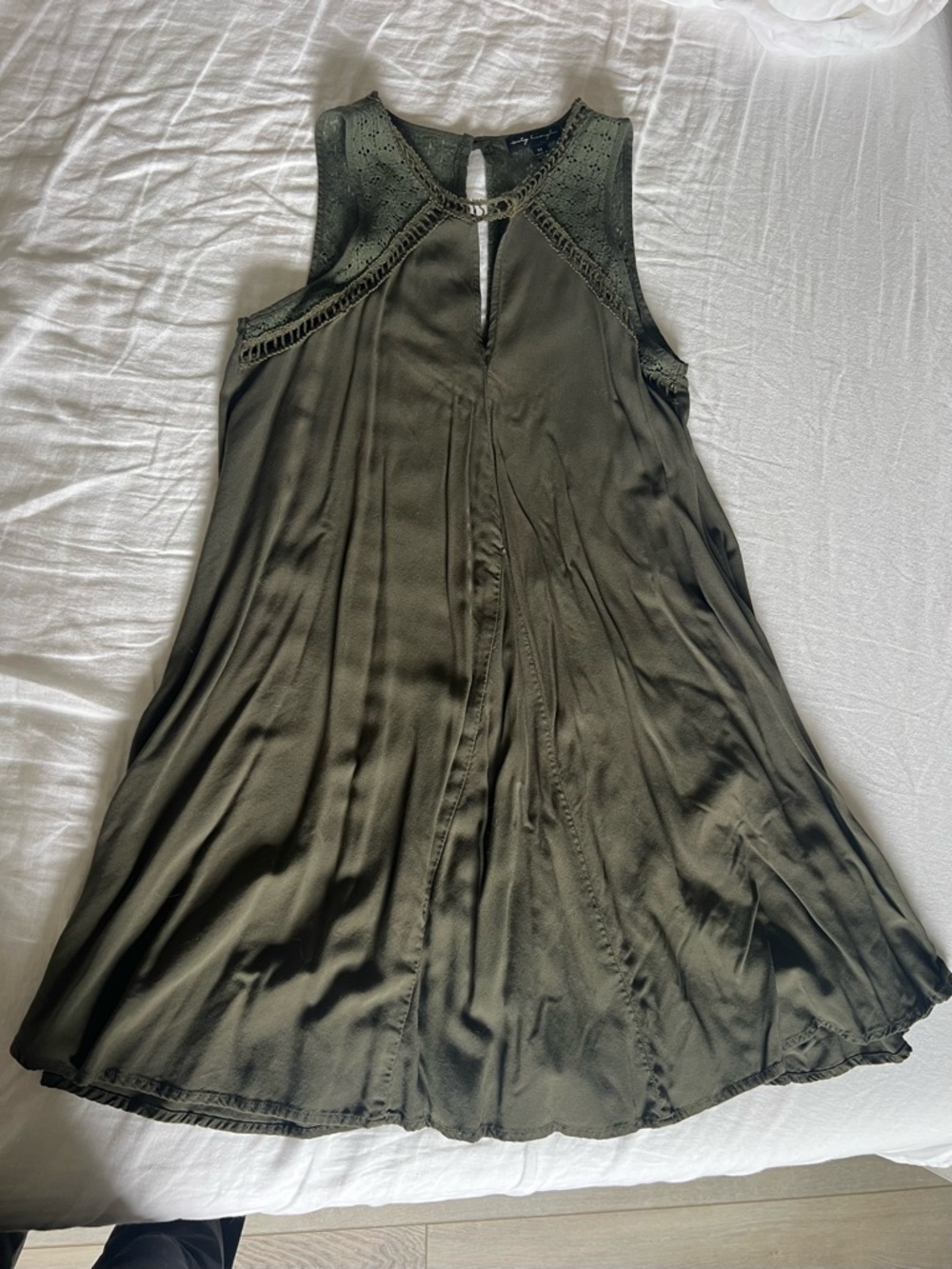 Olive Green Sleeveless Lace Yoke Swing Dress